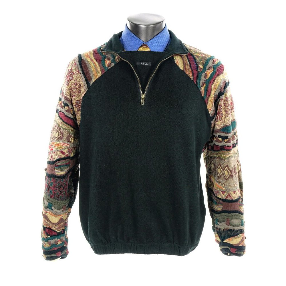 ATG ALL TERRAIN GEAR CANADA Sz Large 1/2 Zip Sweater Crochet Knit Sleeves Men's